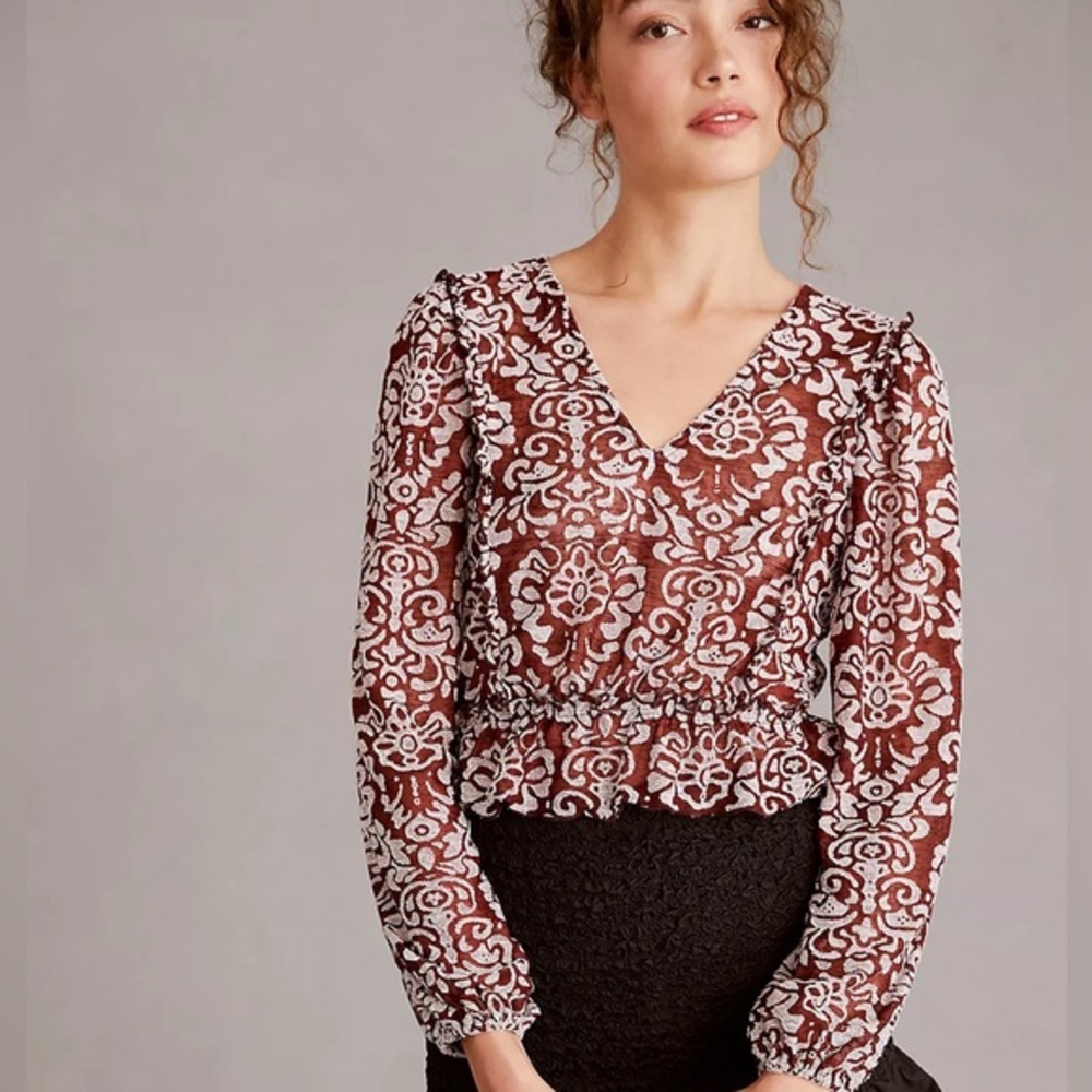 [Anthropologie] Jacquard Peasant  Stretch Lace Ruffle Details V Neck Top